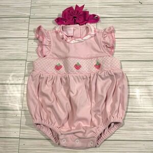 Petit Bebe Baby Girl Pink Smocked Strawberry Bubble Romper Headband Set 3M